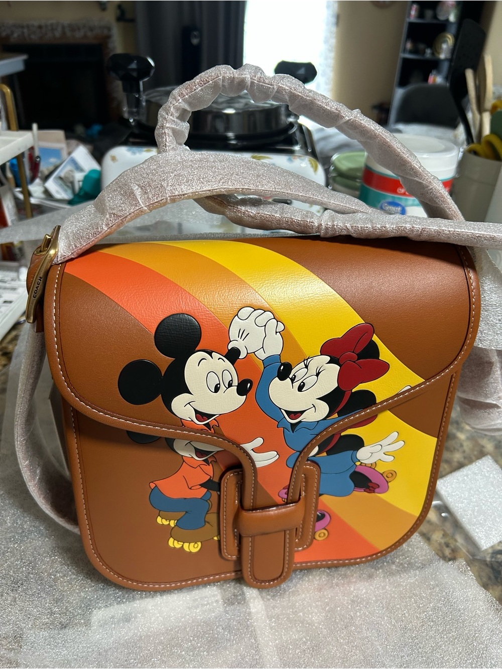 Coach Brown Leather Crossbody with Mickey & Minnie Rainbow Motif - Picture 6 of 12